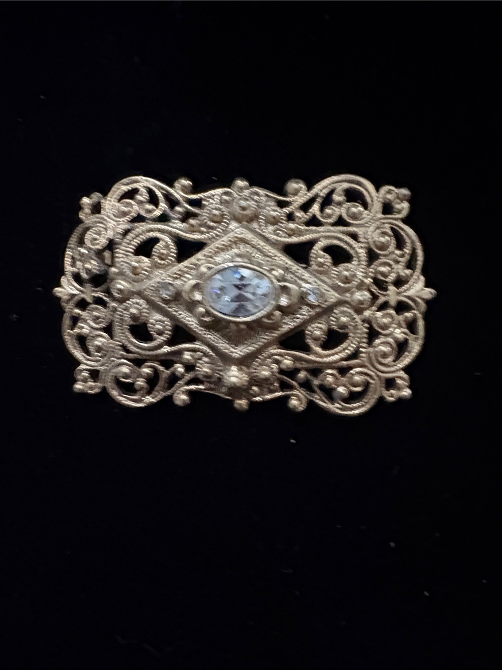 Gold Filigree Vintage-Style Brooch with Clear Center Stone